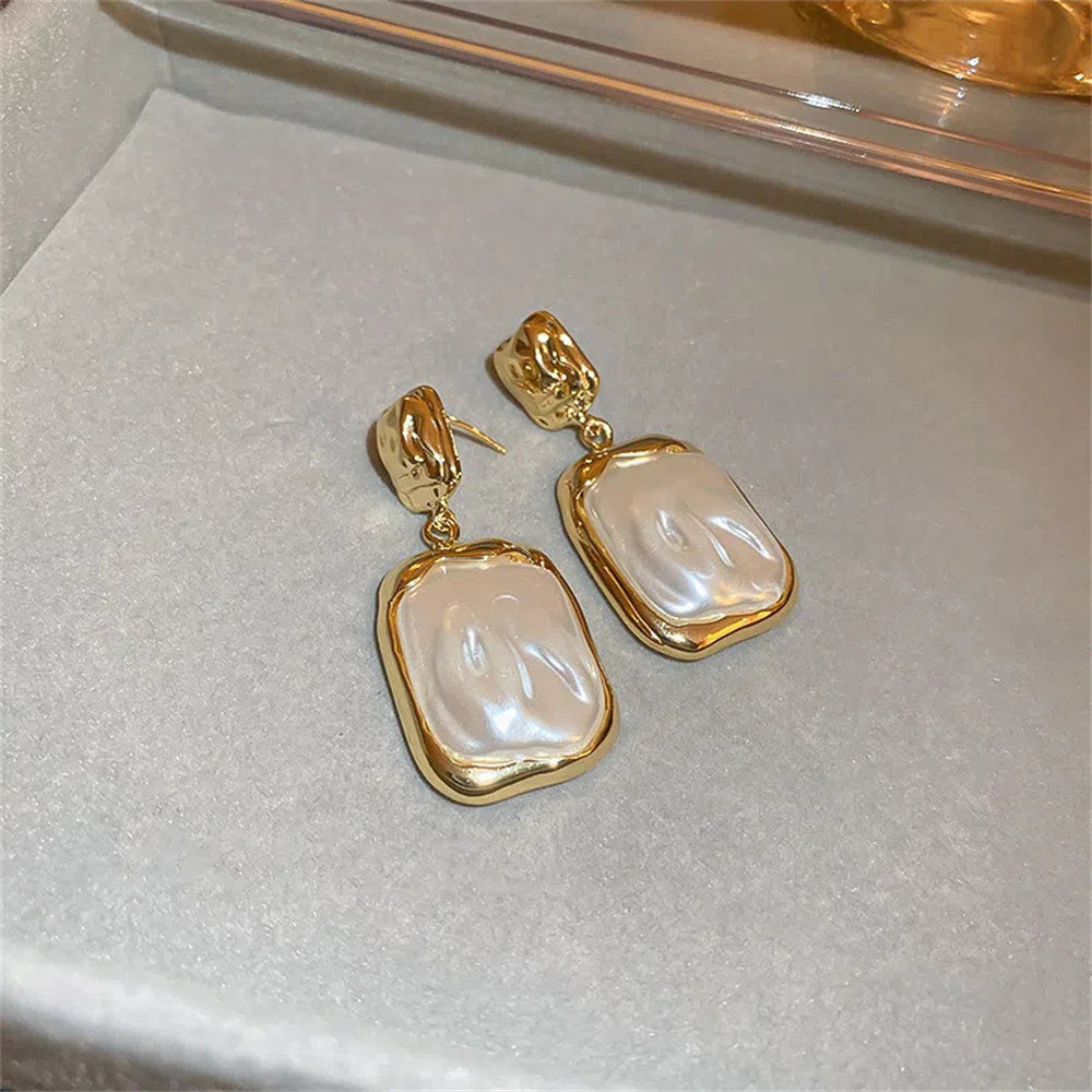 Trendy Jewelry Square Fold Pearl Earrings for Women Golden Color Noble Women's Daily Party Earrings Accessories